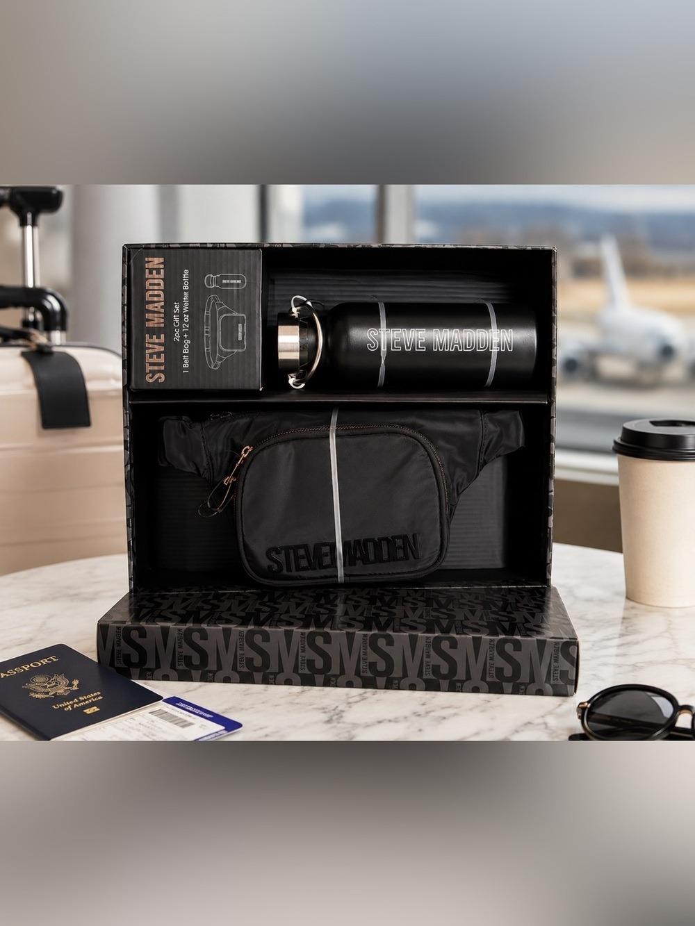 Steve Madden Travel Gift Set Water Bottle Belt Bag Fanny Pack Black NWT